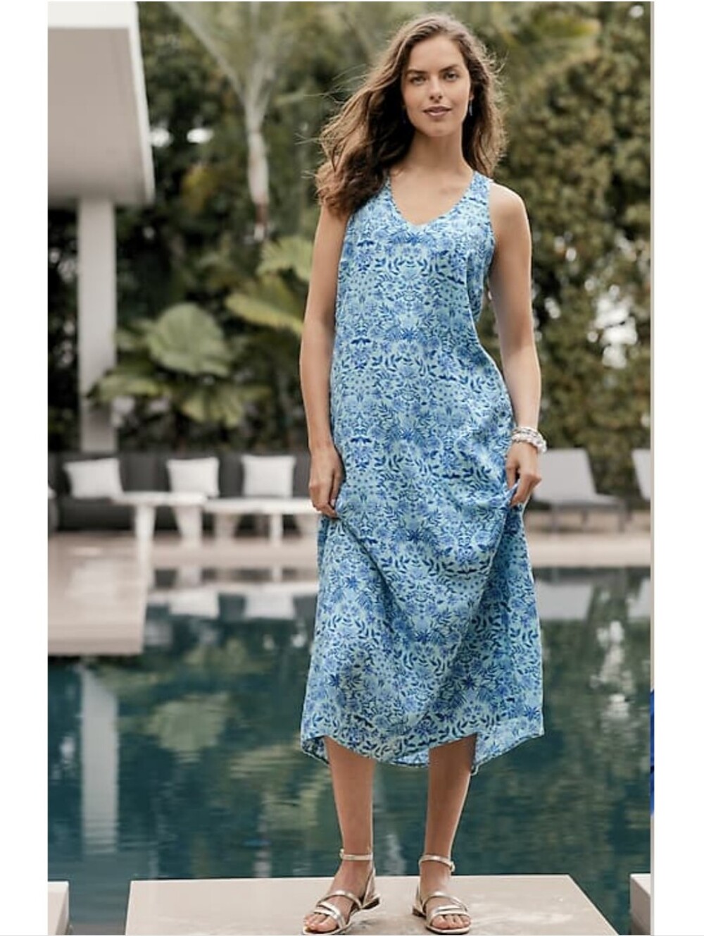 J.Jill Linen Blue Floral Maxi Sleeveless Shift Summer Dress Coastal Cottage